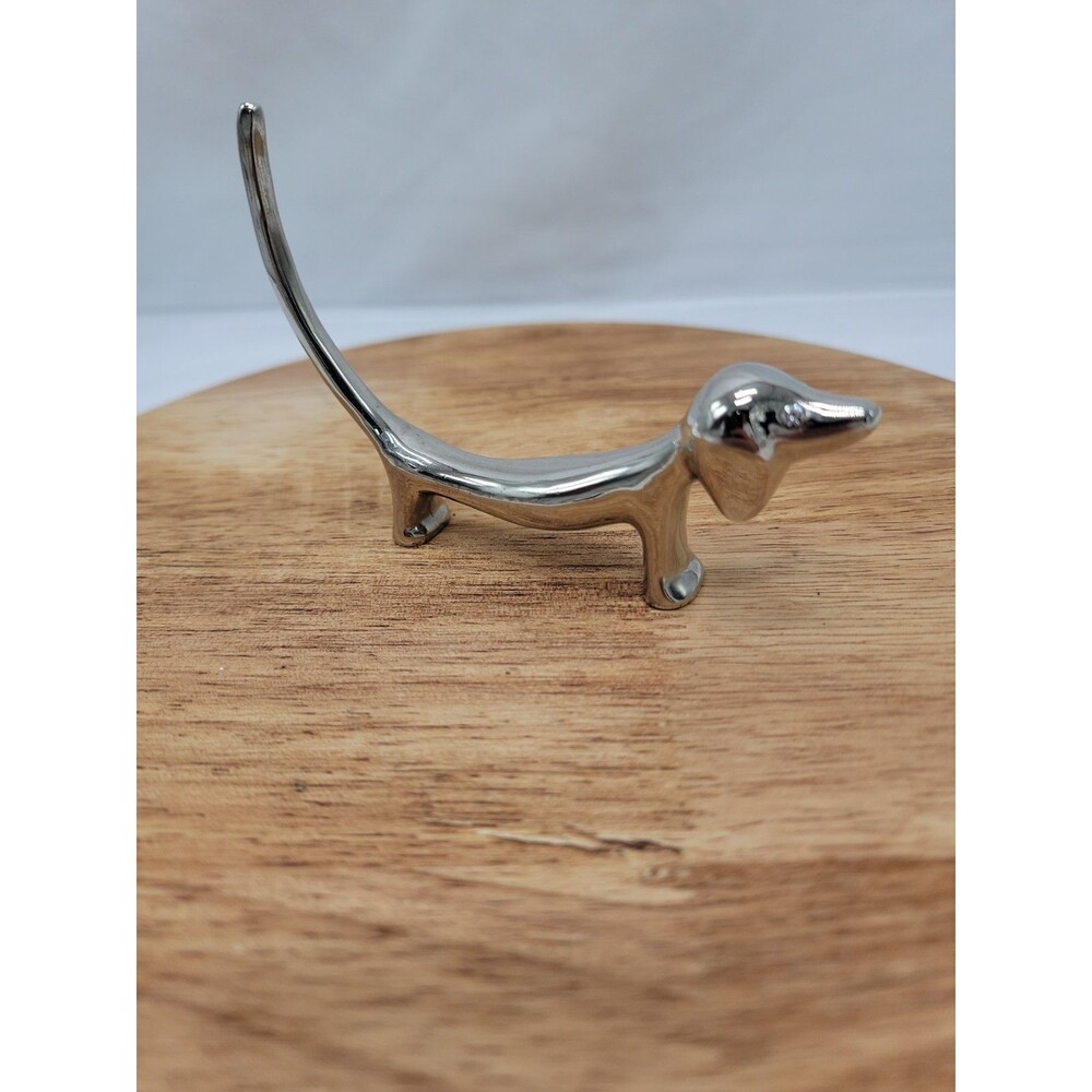 Dachshund Jewelry Ring Holder - Chrome Plated Silver Metal Dog Figurine